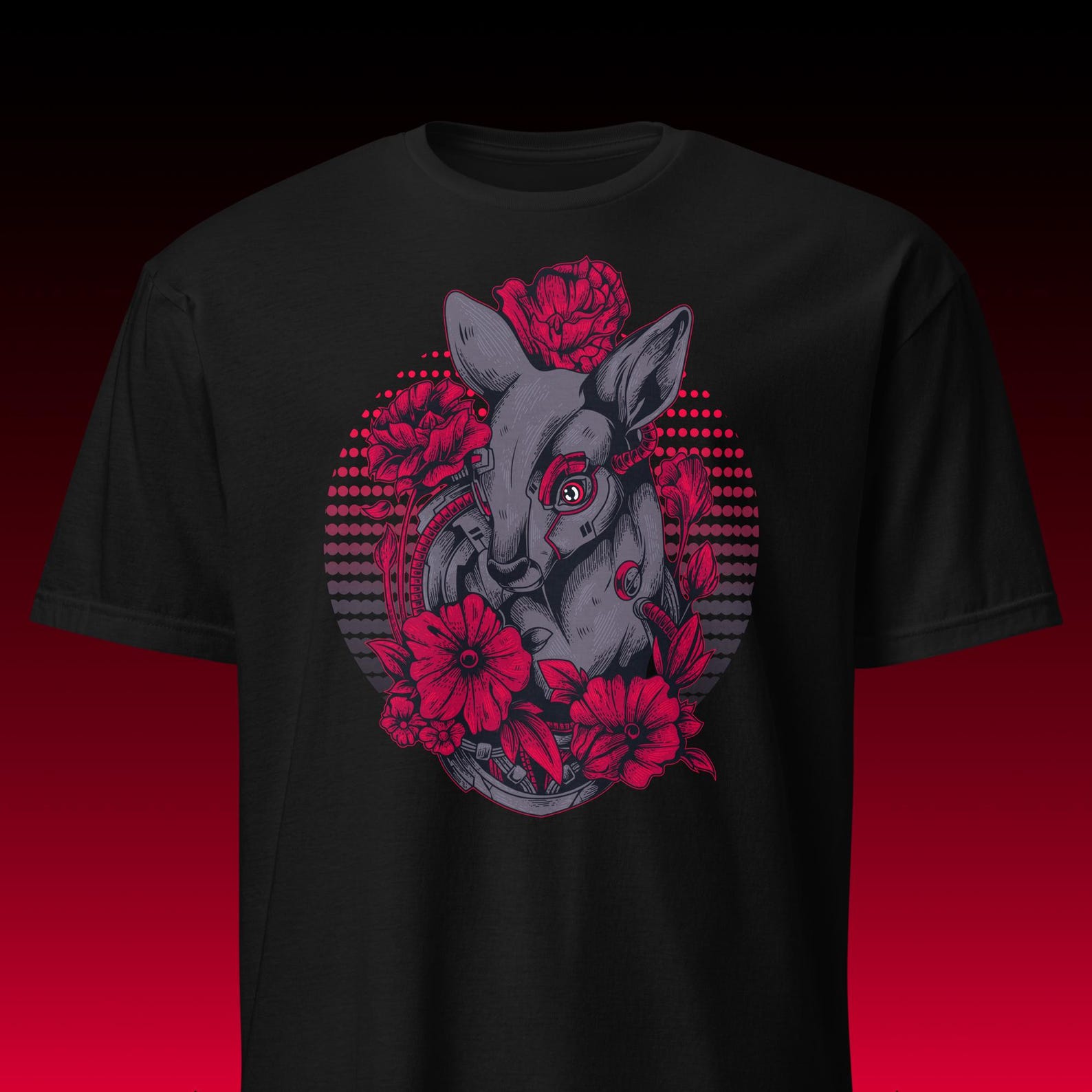 Cyberpunk Deer | Biomechanical Aesthetic | Synthwave & Floral Tee S