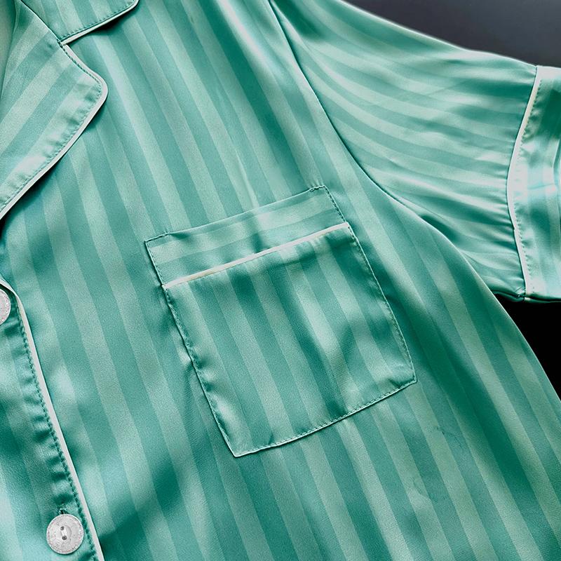 Summer Short Sleeve Tops and Shorts Pajamas for Woman Korean 2 Piece Women Set Silk Fashion Sleepwear Elegant Green Stripe Satin Pajama Set Young Girl