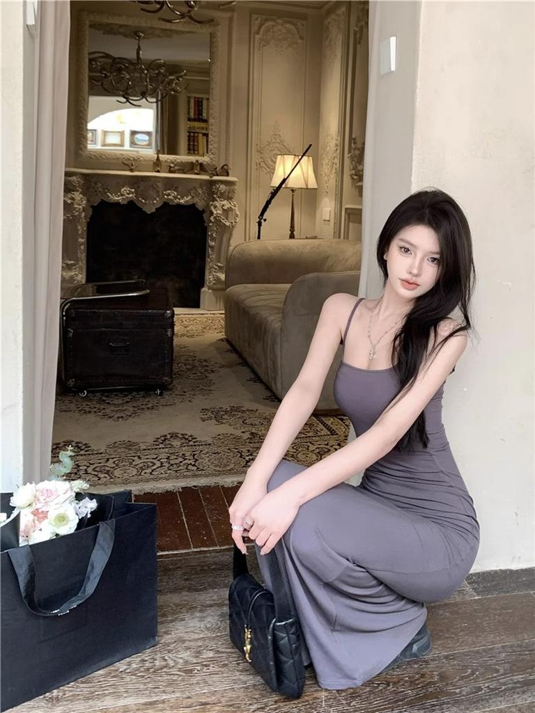 Mature Style Mature Woman Tight Solid Color Spaghetti Strap Dress for Women, New Autumn Slimming Fitted Hip-hugging Mermaid Long Dress