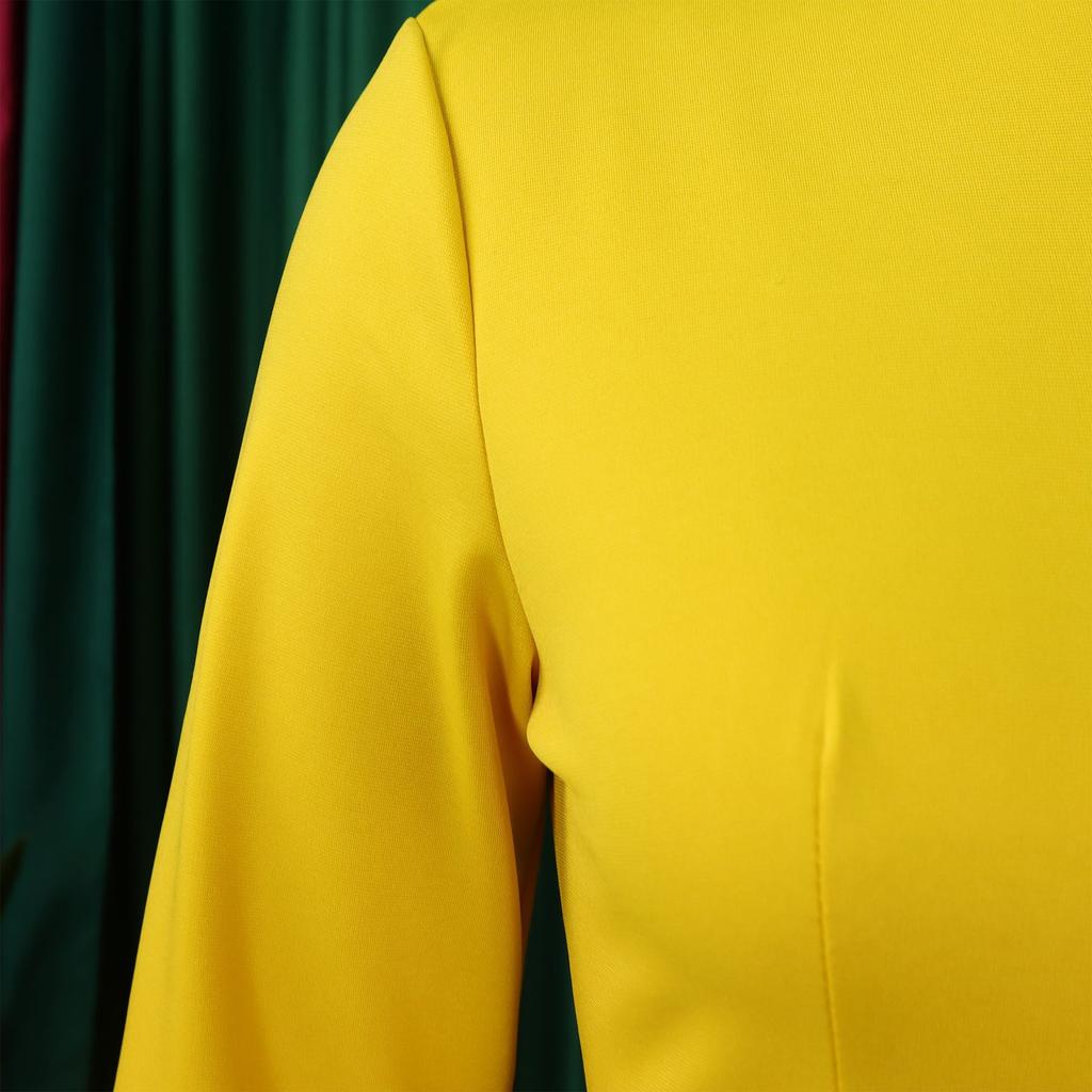 IHUASU Women's Spring Solid Color Round Neck Ruffled Edge Round Hip OL 3/4 Sleeves O-Neck High Waist Dress