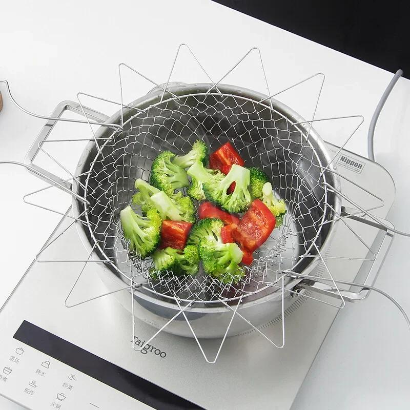 Foldable Fry Basket Multifunction Steam Rinse Strain Drainer Basket Mesh Basket Strainer Vegetable Washer Basket Kitchen Gadget