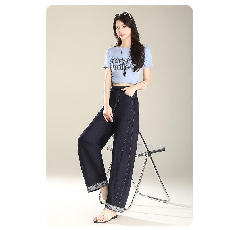 

2026 Summer Women s Jeans High-Waisted Loose Wide-Leg Pants Summer Thin Straight Denim Long Pants M джинсовий синього кольору