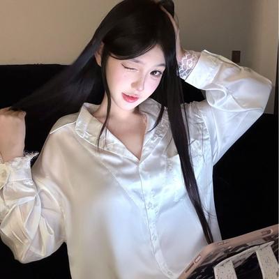 Sexy Pajamas Women's Ice Silk Pure Lace Abstinence Shirt Thin Boyfriend Style White Shirt Set Long Sleeves