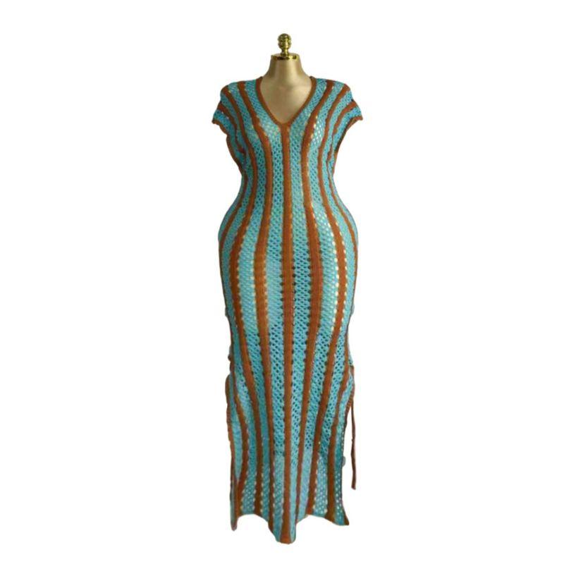 

Повседневное свободное полосатое вязаное пляжное платье в западном стиле Вязаная полосатая пляжная юбка Green All yards