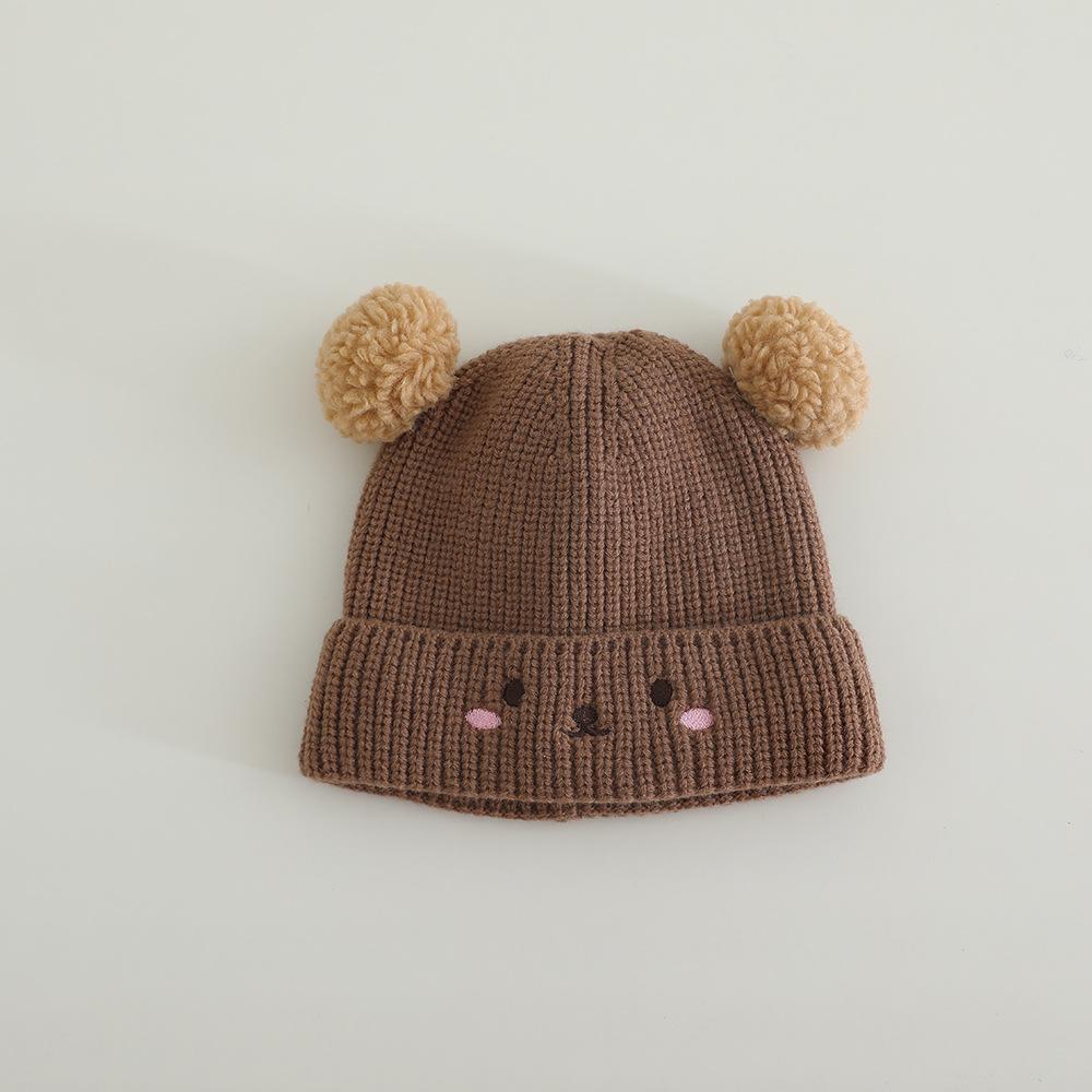 

Winter Baby Wool Hat with Cute Bear Design & Double Pom-Poms - Korean Style Knit for Outdoor Wear коричневий