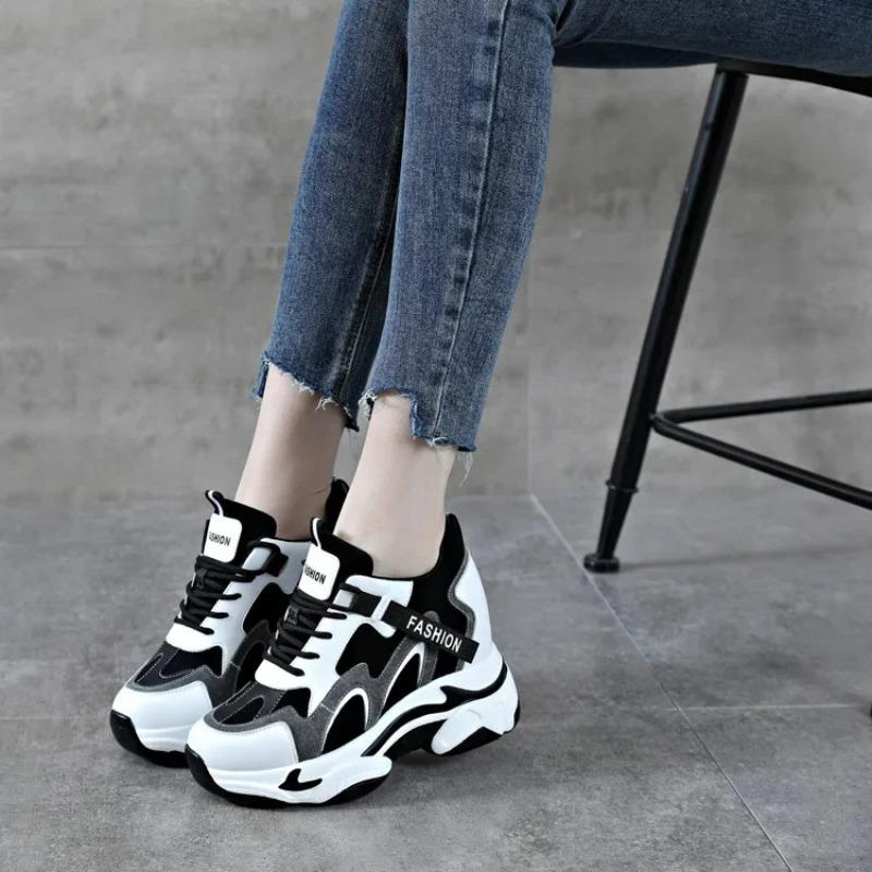 Moda 2025 Zapato Casual de Mujer Cuero Genuino Plataforma de 9cm Zapatillas de Cuña Zapatos Gruesos Zapatillas de Moda para Mujer Zapatos de Primavera Verano