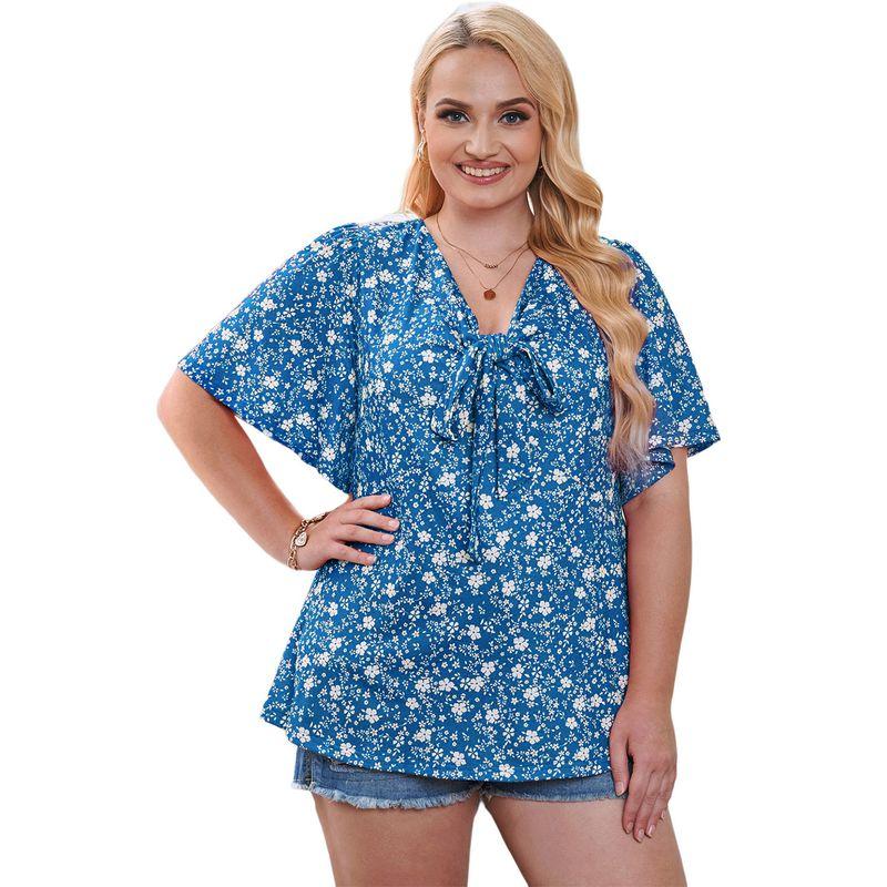 

American Shiying Bow V-neck Plus size Chiffon Shirt Women 2025 Summer New Flower Short sleeve Top Women Blue Size XL fit (70.00 kg-75.00 kg