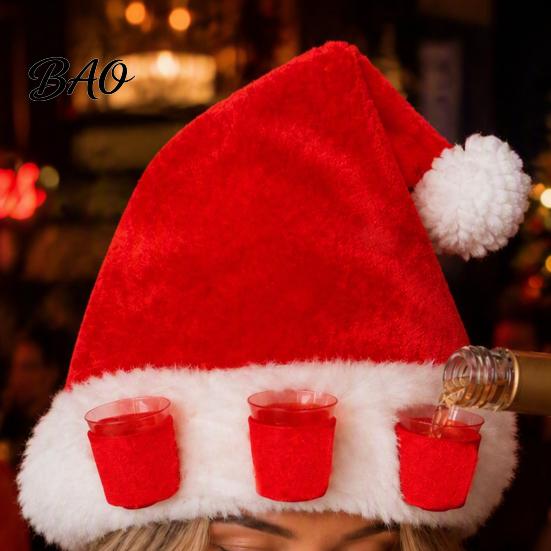 Drinking Cup Holder Hat Plush Christmas with Drink Holder, Adults Velvet Santa Claus 3 Cups, Red Xmas Cap for New Year Holiday Party Accessories