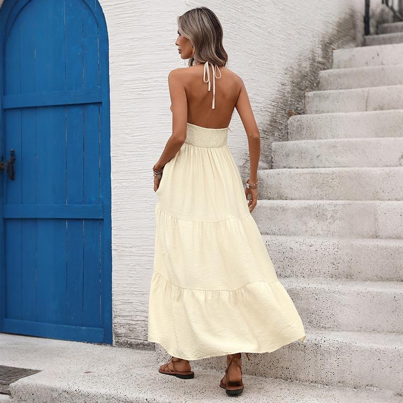 Women's Fashion Summer Spring Solid Color Print Sleeveless Hanging Neck High Waist Casual Dresses