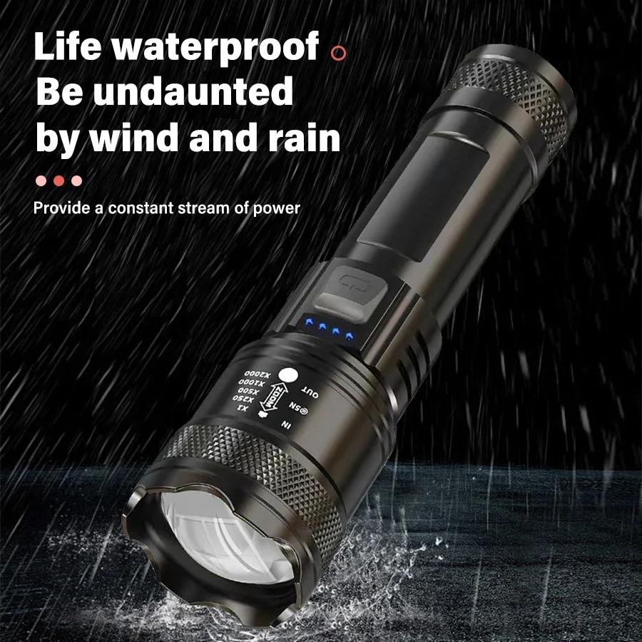 High Power 10000LM LED Flashlight Built-in Battery USB Rechargeable Strong Light Tactical Torch Outdoor Camping Hiking Lantern