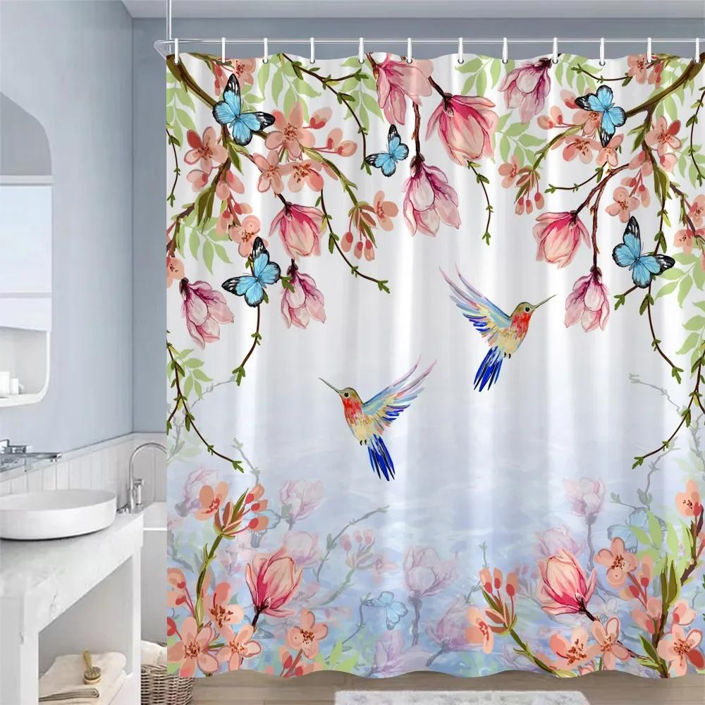 Spring Floral Hummingbird Shower Curtain for Bathroom Watercolor Flowers Birds Fabric Bath Curtains Modern Art Decor with Hook