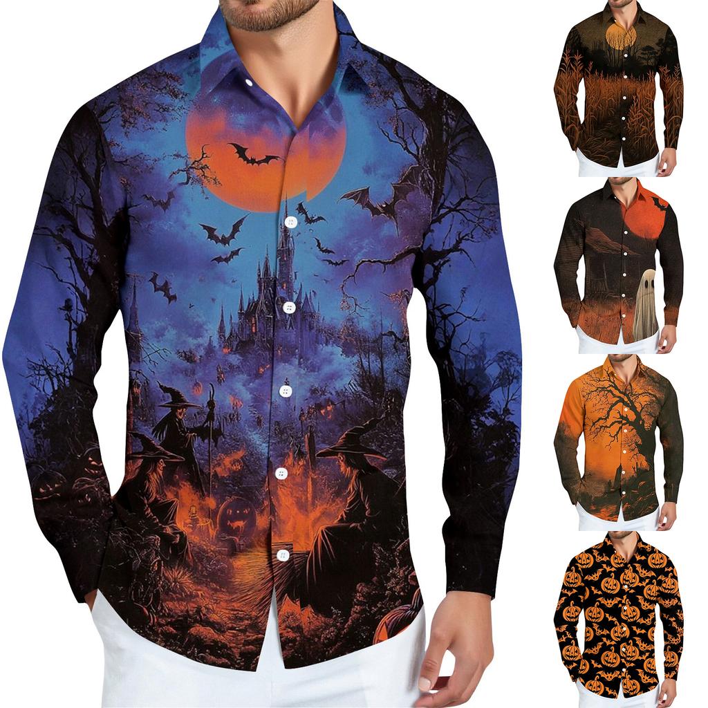 Men's Halloween Print Long Sleeve Button-down Shirt