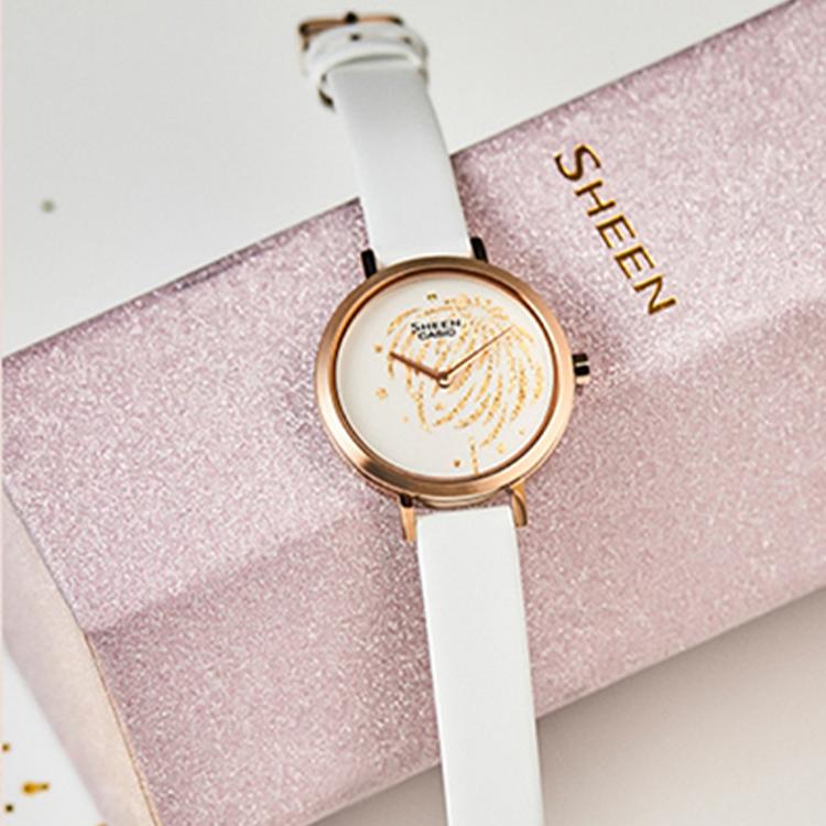 Casio Sheen Fireworks Theme Japanese Minimalist Business Style Leather Casual Quartz Watch Women watches Pink SHE-C130CGL-7AUPFY-PERSON
