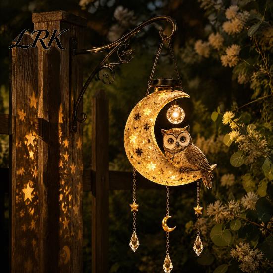 Hanging Resin Owl Moon Lanterns Solar Owl/Cat Light, Outdoor Garden Wind Chime with LED Powered Lawn Decoration Lamps Waterproof Decorative Lamp, Auto