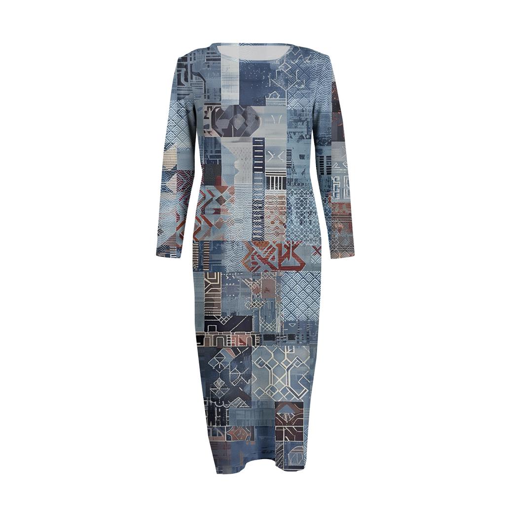 Women's Fashionable Casual Long-Sleeved Round Neck Retro Geometric Print Elegant Dress