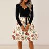 Women's Fashionable V-Neck Long Sleeve Vintage Christmas Print Dress for Casual Holiday Party Wear