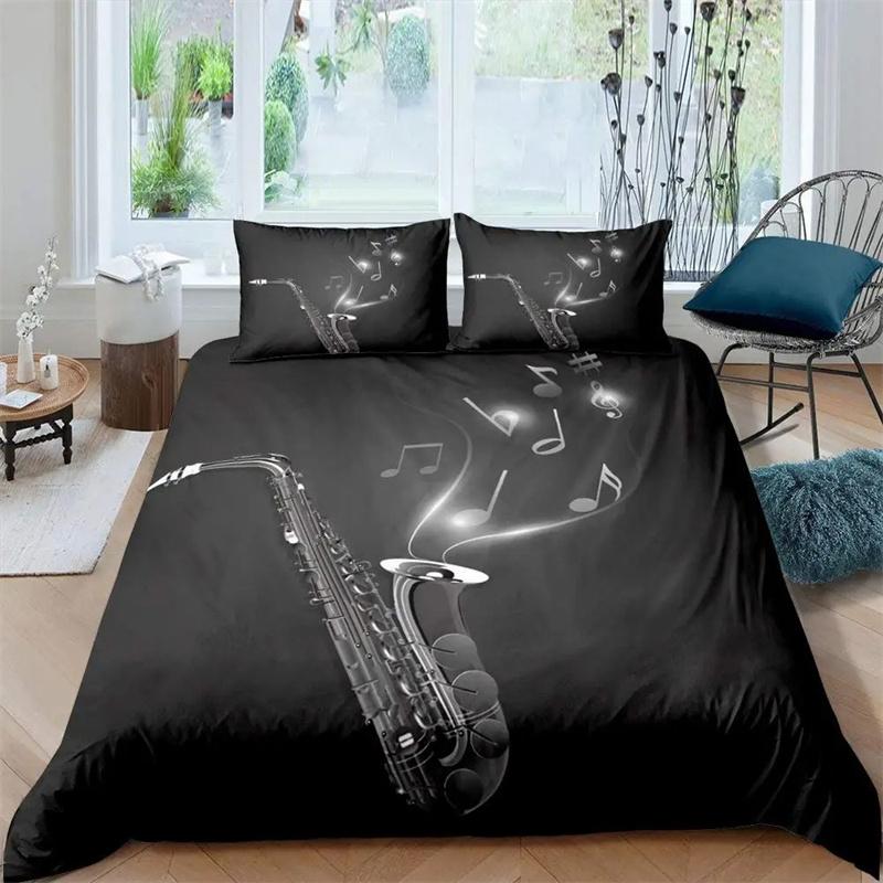 Saxophone Duvet Cover Set Rotating Musical Notes Bedding Set Musical Instrument Retro Jazz Music Theme Twin Quilt Cover For Kids