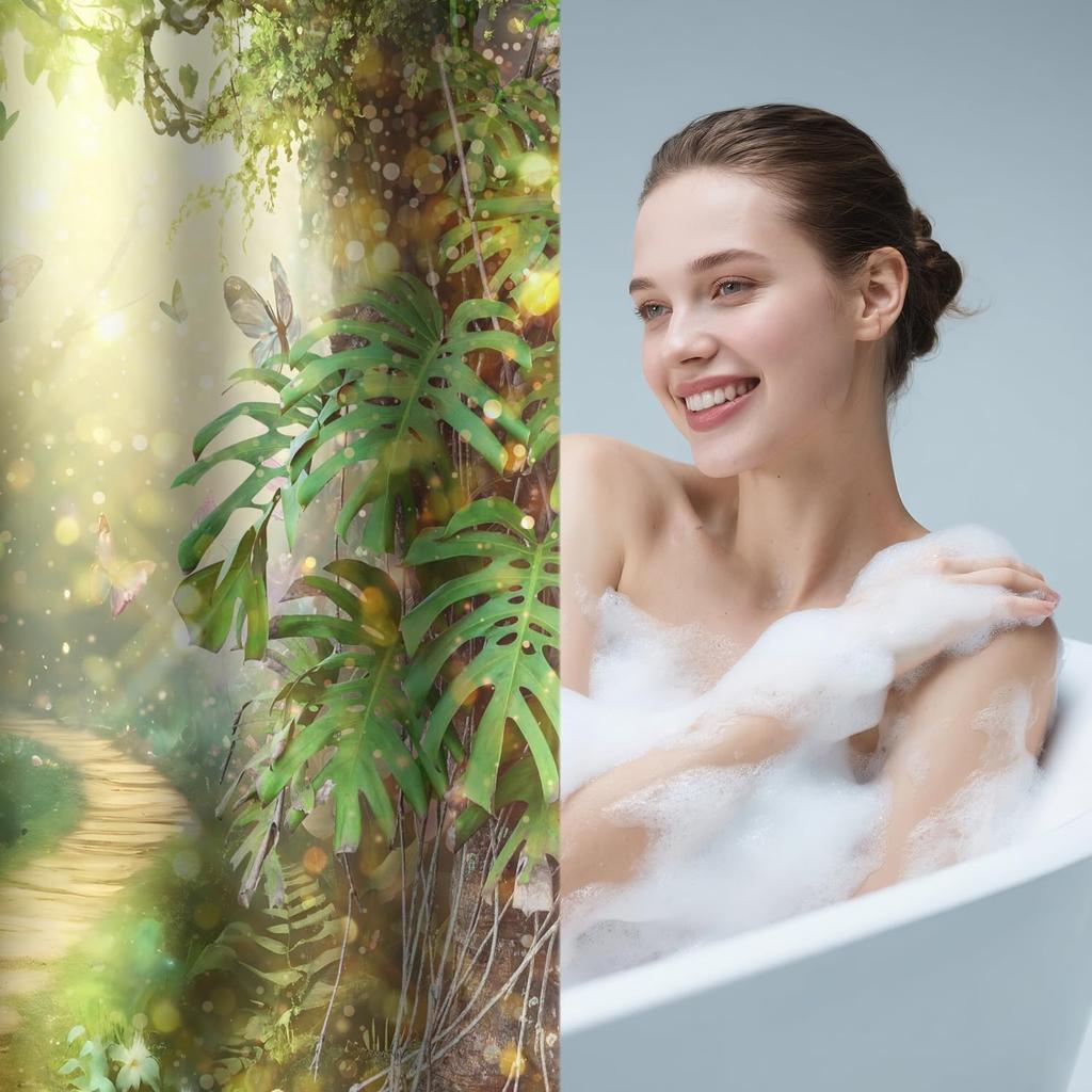 Enchanted Forest Shower Curtain Jungle Green Tree Shower Curta for Bathroom Spring Garden Fairy Tale Bath Curtain Decor Fabric Washable with 12 Hooks