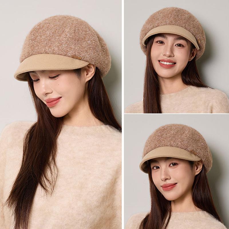 Women's Thick Wool Knitted Beret Autumn Winter Solid Color Stitching Cap