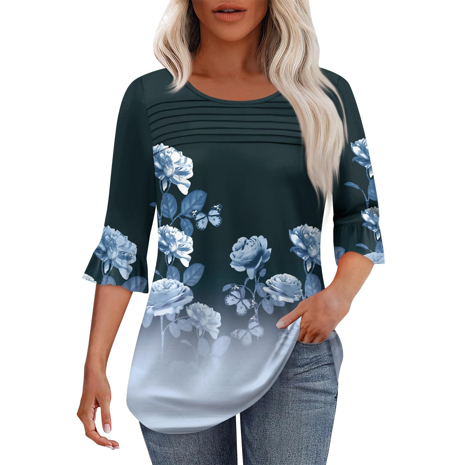 

Жіноча модна плісирована верхня частина з 3/4 рукавами та круглим вирізом S Темно-синій