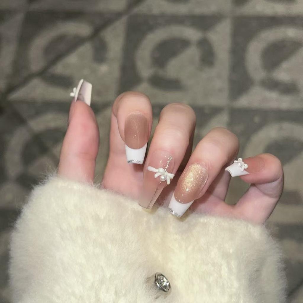 Xiaoxiangfeng Cat Eye Nail Art Gentle White French Bow Temperament Princess Wears Armor Handmade Armor