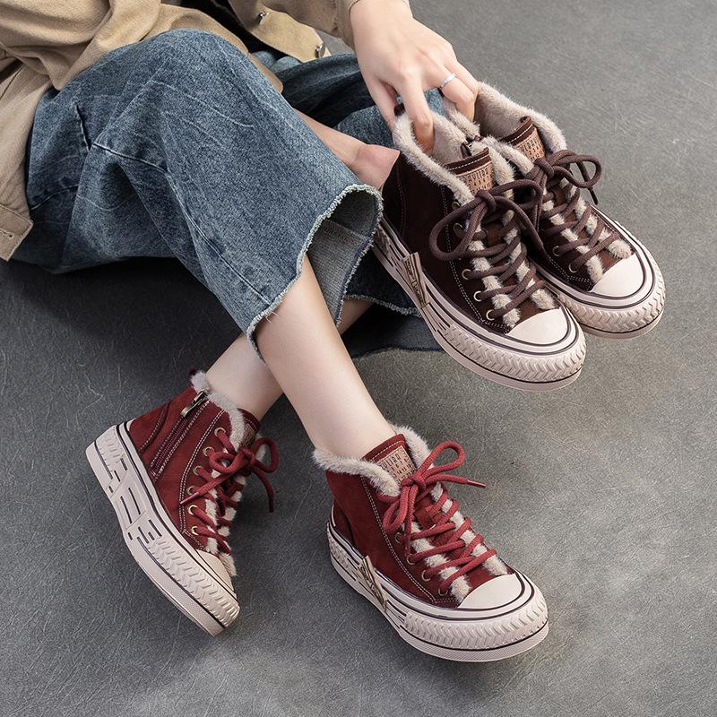 Fashion GKTINOO 4.5cm Suede Genuine Leather Ankle Booties Autumn Boot Flat Thick Sole Motorcycle Winter Plush Women Platform Wedge Shoes