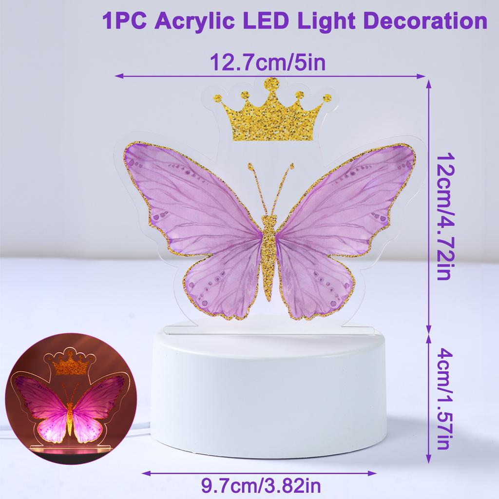 Pink Purple Butterfly Acrylic Sign Light LED With Crown Butterfly Night Light Lamp Decor Birthday Party Room Christmas Gift