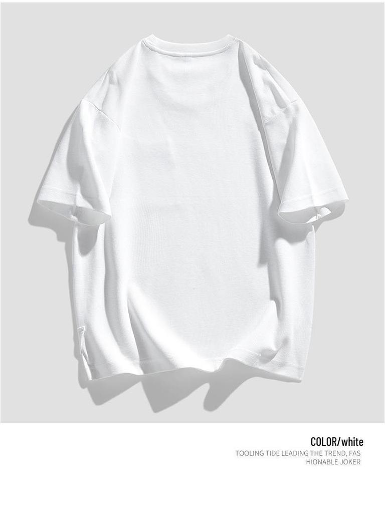 Men's Summer Heavyweight Pocket T-Shirt - Loose Fit, Solid Color, Short Sleeve, Slit Design.