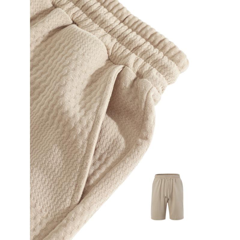Mens Casual Two Piece Outfit Waffle Knit Short Sleeve Polo Shirt And Drawstring Shorts Set