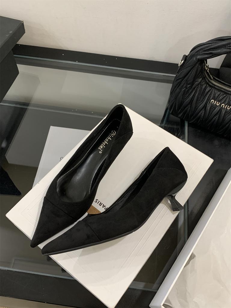 Pointed French Gentle Wind Splicing Stiletto Single Shoes Women's Commuting Shallow Mouth Temperament Kitten Heel High Heels