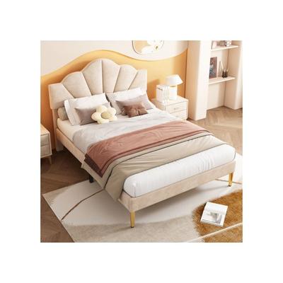 Lit Rembourré - - 140x200 Cm - Velours Beige - Tête De Lit Réglable
