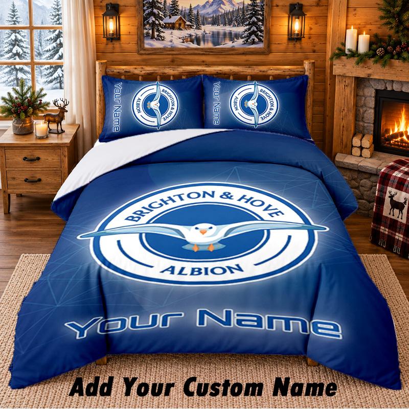 Brighton & Hove Albion Football Pattern Bedding 3Pcs Set Custom Name, Bed Sheet And Pillowcases For Home Bedroom