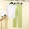 Ladies' Casual And Comfortable Round Neck Solid Color Top With Checkered Printed Pants Plus Size Set