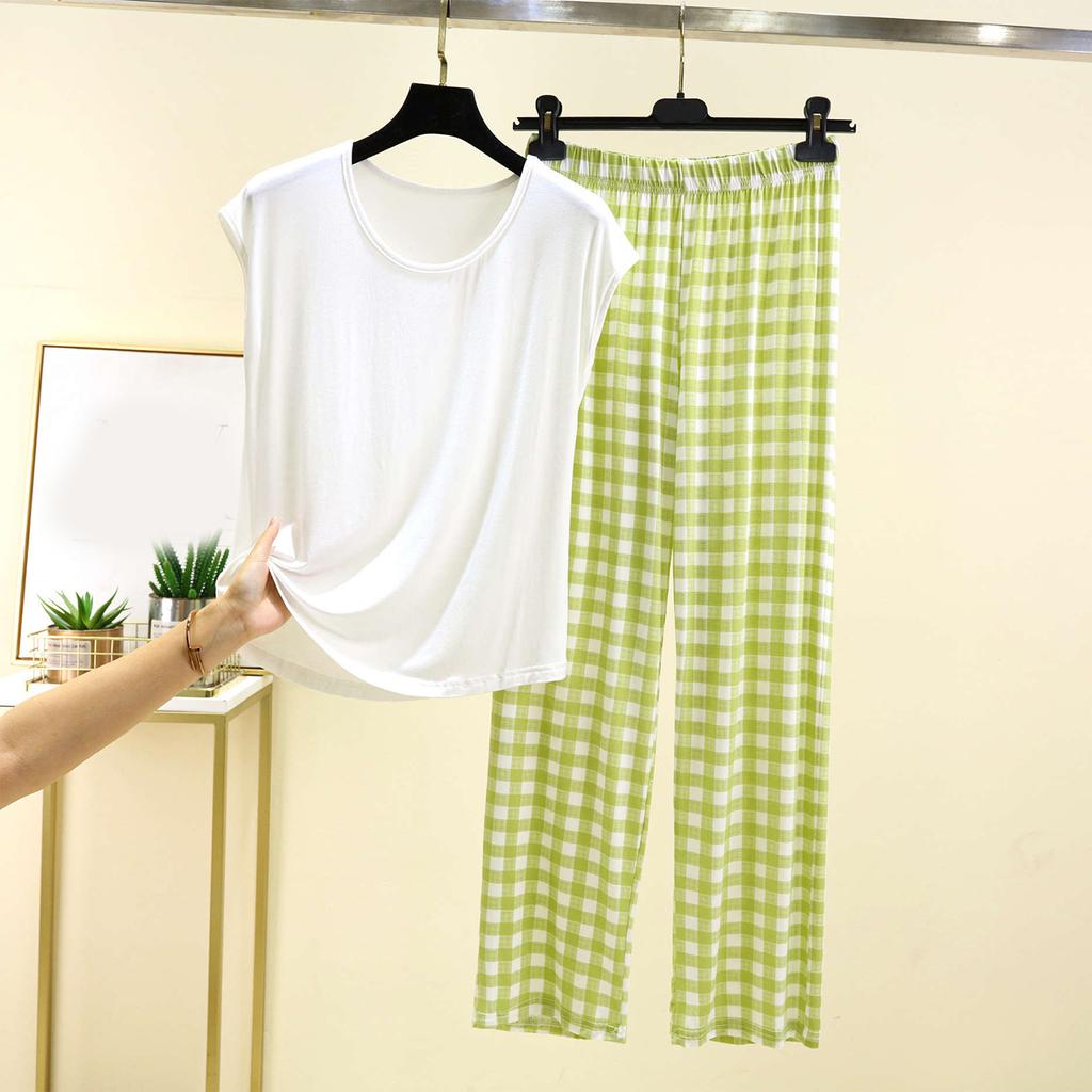 Ladies' Casual And Comfortable Round Neck Solid Color Top With Checkered Printed Pants Plus Size Set