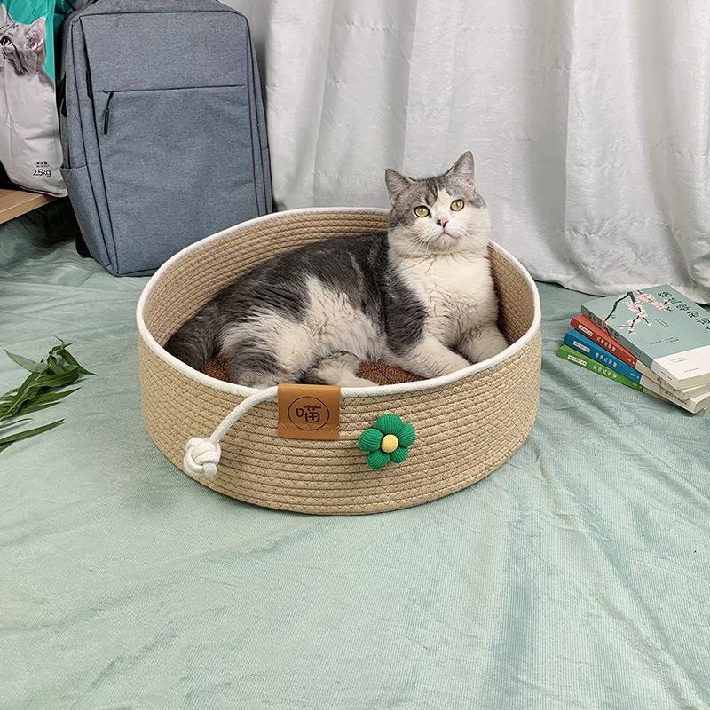 Pet Cat Bed Hand Woven Cotton Rope Cat Beds Cat Scratcher Bed All Seasons Breathable Kitten Nest Cat Sleeping Bed Pet Supplies