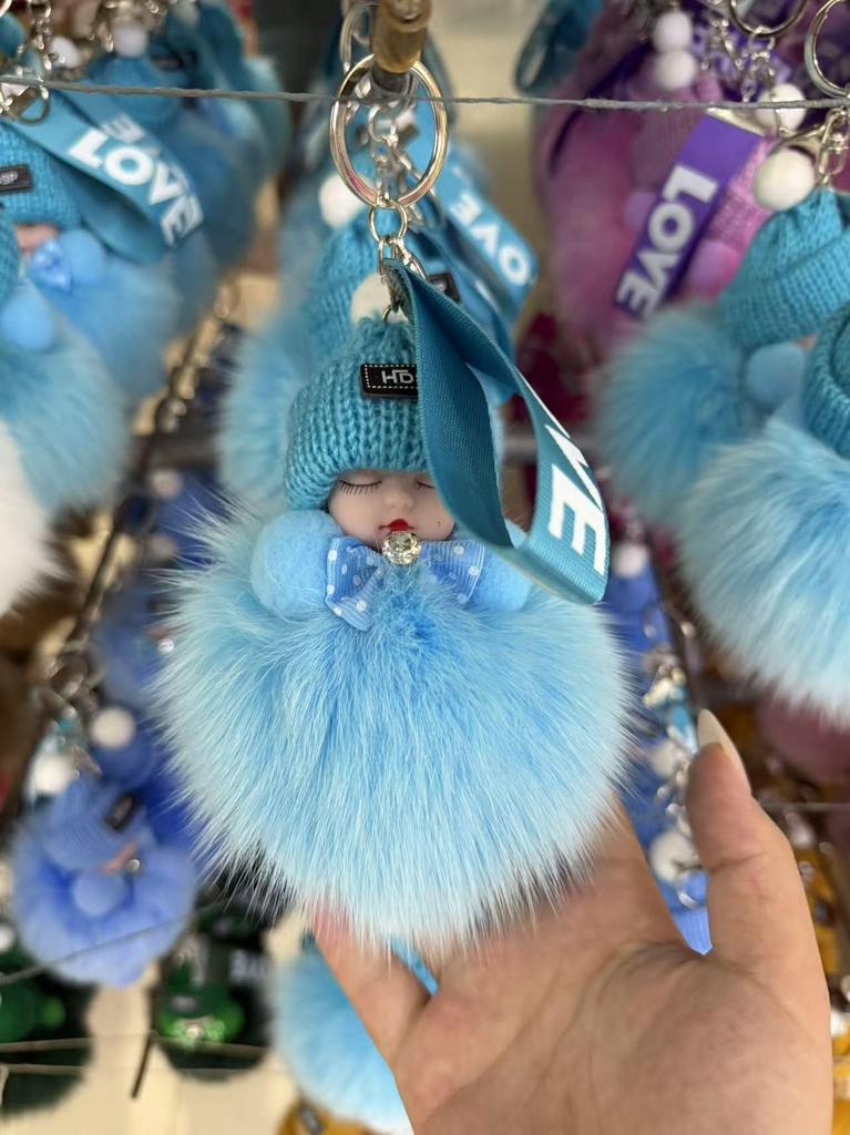 Authentic Fox Fur Pompon Keychain: Cute Plush Sleeping Doll Bag Charm