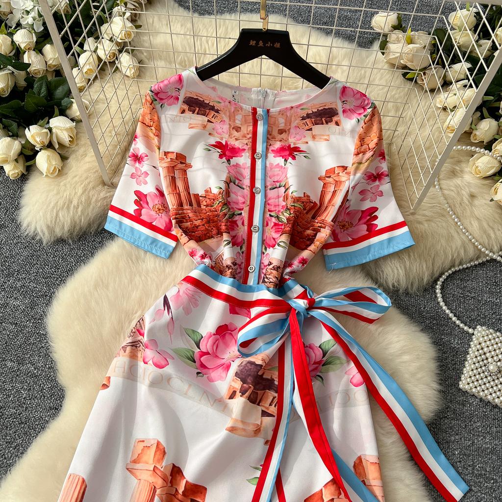 Sommer Damen Designer Vintage Print Laufstegkleid Kurzarm Schnürung Slim Bodycon Party Bleistiftkleider