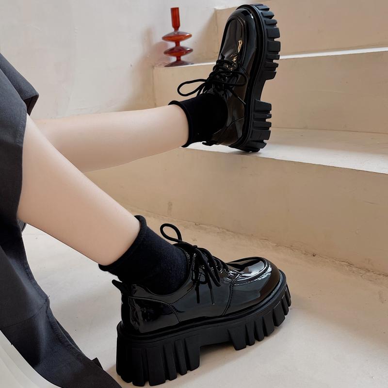 Fashion 2024 Autumn New Fashtion Platform Pu Leather Women's Flat Shoes Lace-up Square Heel Thick Heel Women's Casual Loafers Shoes