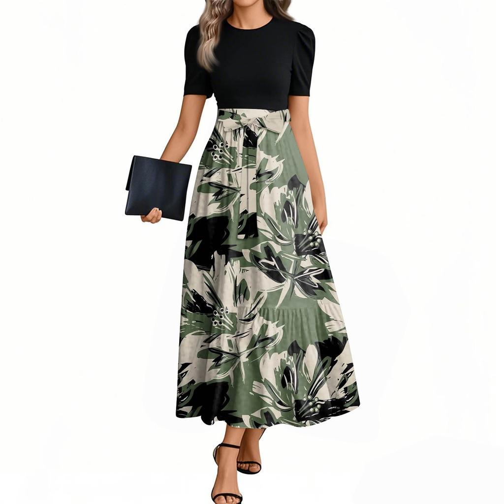 Women's Fashion Casual Belted Round Neck Short Sleeve Floral Patchwork Elegant Dresses