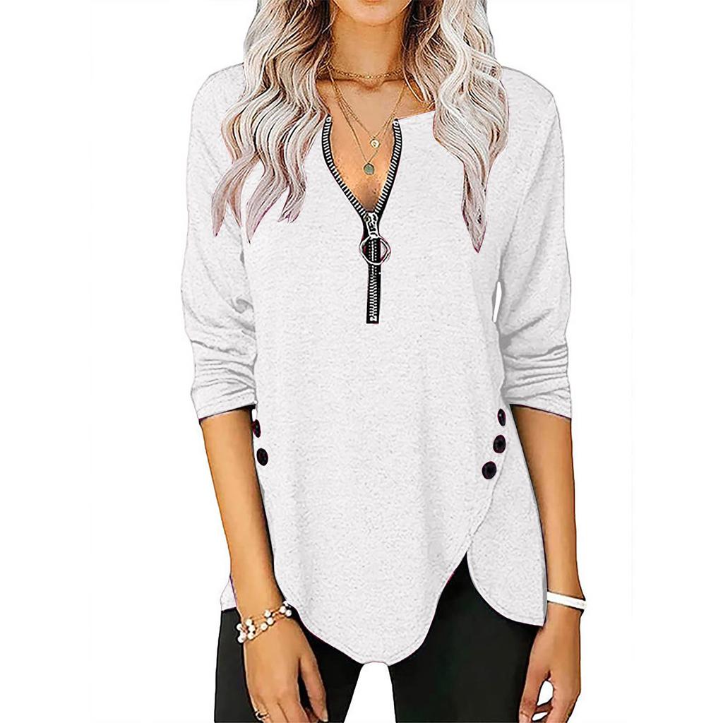 Womens Casual  Zipper Longsleeved Neck Button Tshirt Top