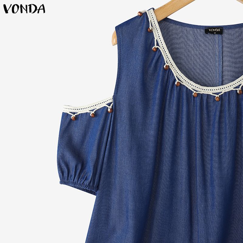 VONDA Summer Women Casual O-neck Cold Shoulder Lace Beading Short Sleeve Blouse