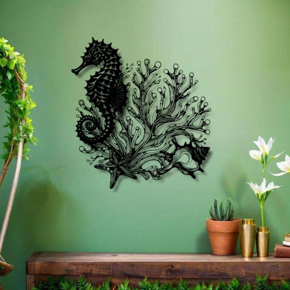 Seahorse Coral Metal Wall Art Large Coastal Iron Panel Outdoor Hanging Decor Marine Themed Housewarming Gift Nautical Farmhouse