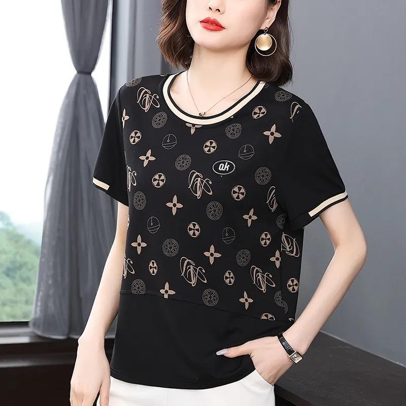 

Large Size Loose T-shirt Women s Summer New Style Middle-aged Mother s Wear Versatile Black Short-sleeved Printed Top M чёрный