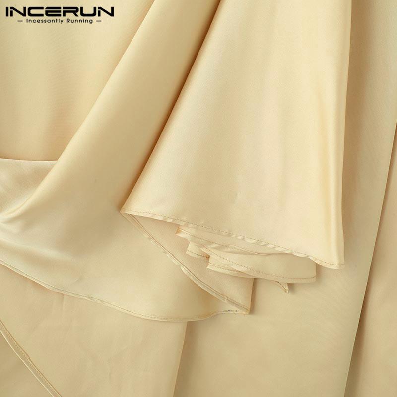 INCERUN Men Mockneck Long Sleeve Layers Irregular Ruffled Satin Shirts