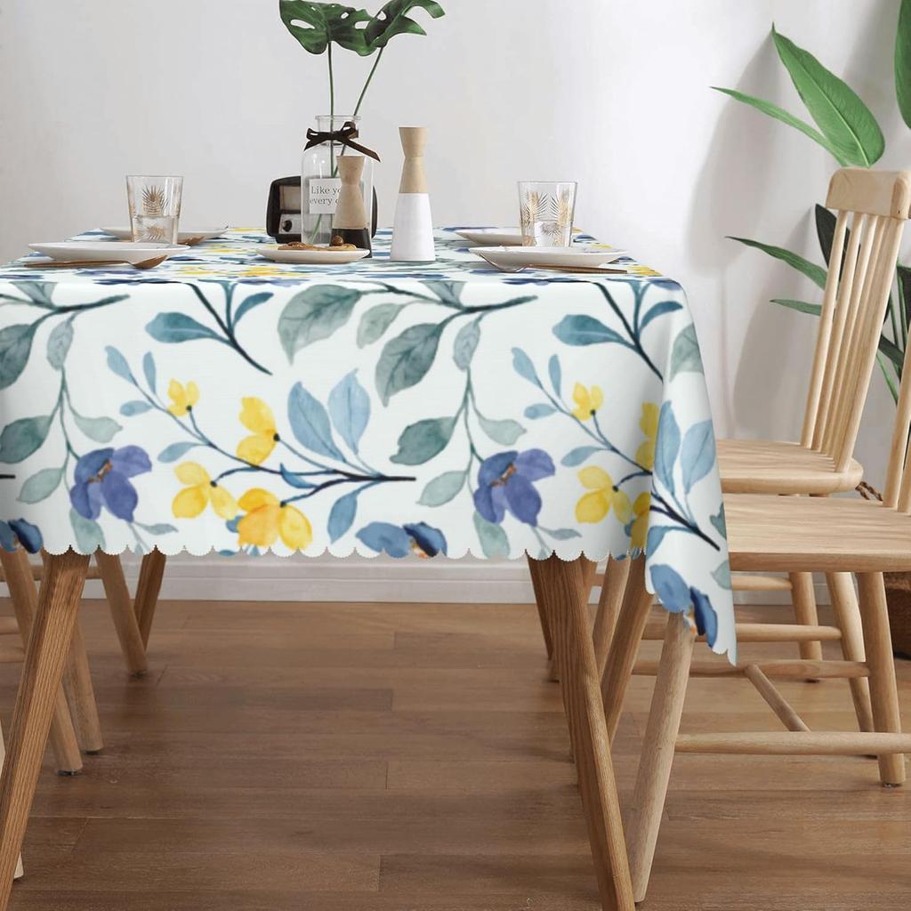 Blue Yellow Flowers Print Rectangle Tablecloth for Table Decor Watercolor Floral Plants Kitchen Dining Table Cloth Party Decor