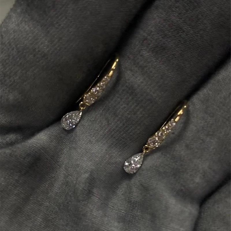 French~ Water Drop Zircon Fringed Ear Hook Plated 18K Gold Temperament Super Flash Earrings Light Luxury Premium Sensitive Ear Hole Earrings