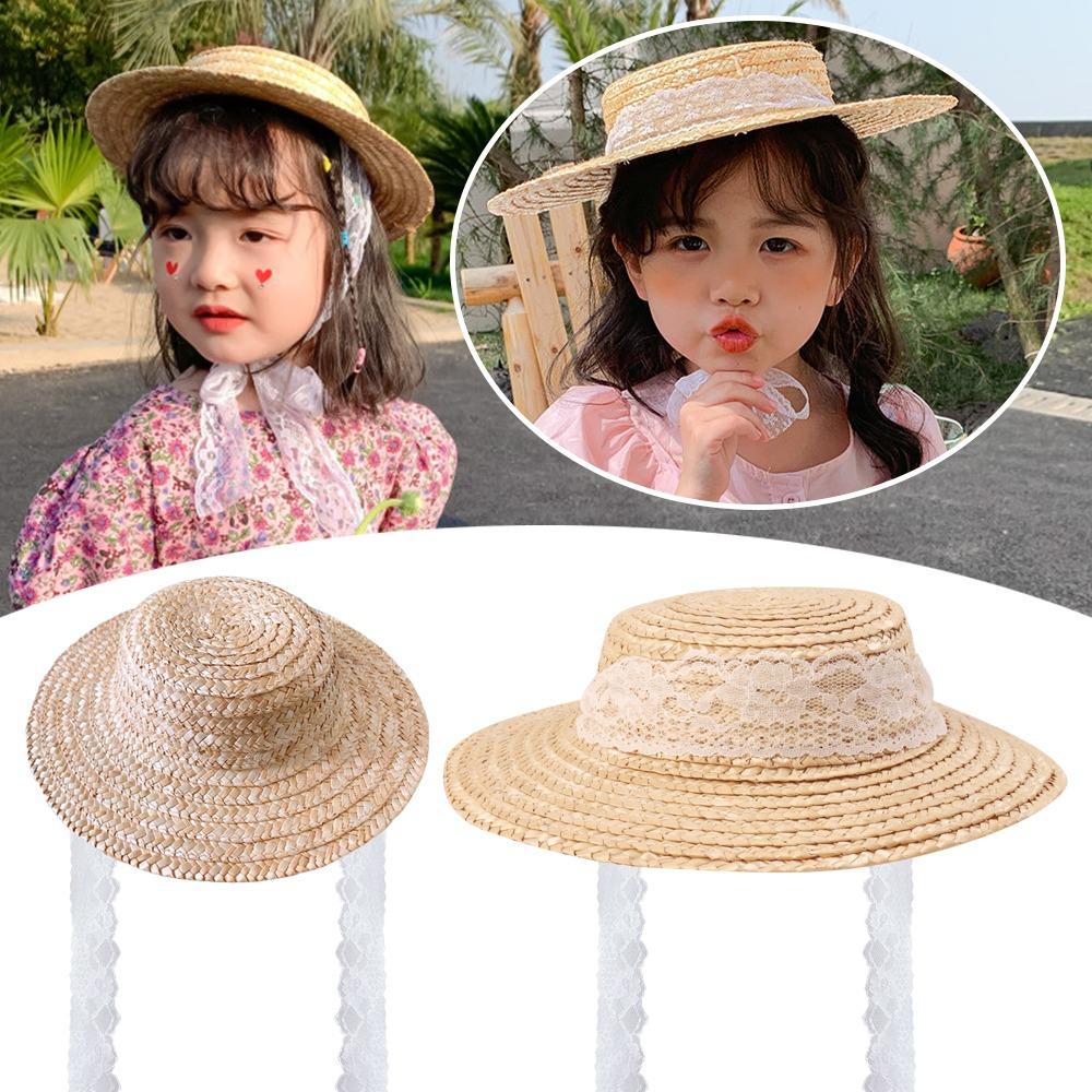 Flat Top Straw Hat Handwoven Sunscreen Cap Fashion Baby Girl Sun Hat  for Kids Decorative Props