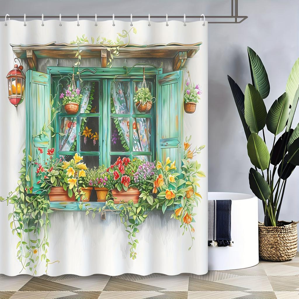 Shower Curtain: Charming Window with Blooming Flowers and Lantern for a Cozy and Inviting Bathroom Decor