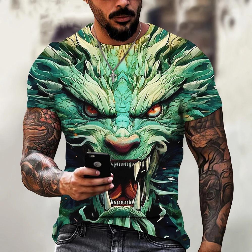 Summer Round Neck 3D Dragon Print Top Fashionable Casual Short Sleeved Men's T-shirts