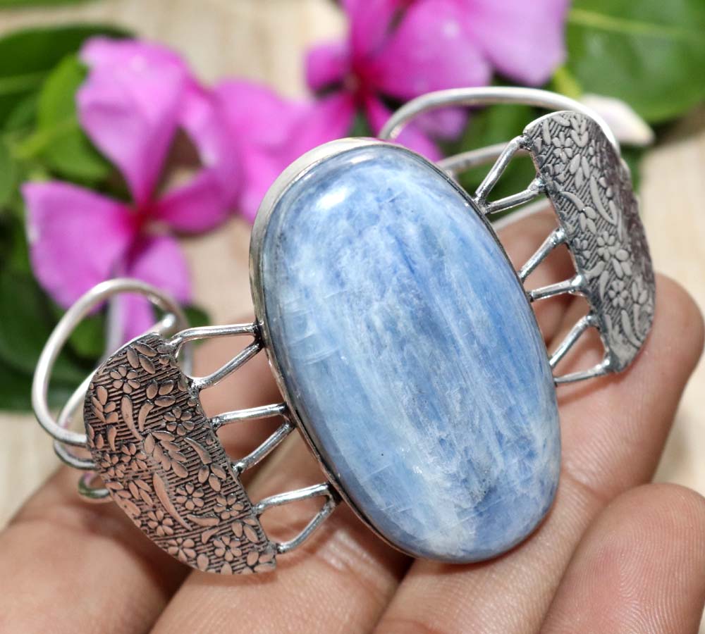 Huge Blue Kyanite 925 Silver Plated Bangle 6.5" Spiritual Gift Fashion Sale u3p30